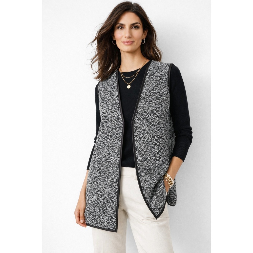 Talbots Womens Marled Knit Long Sweater Vest Black White Faux Leather Trim S